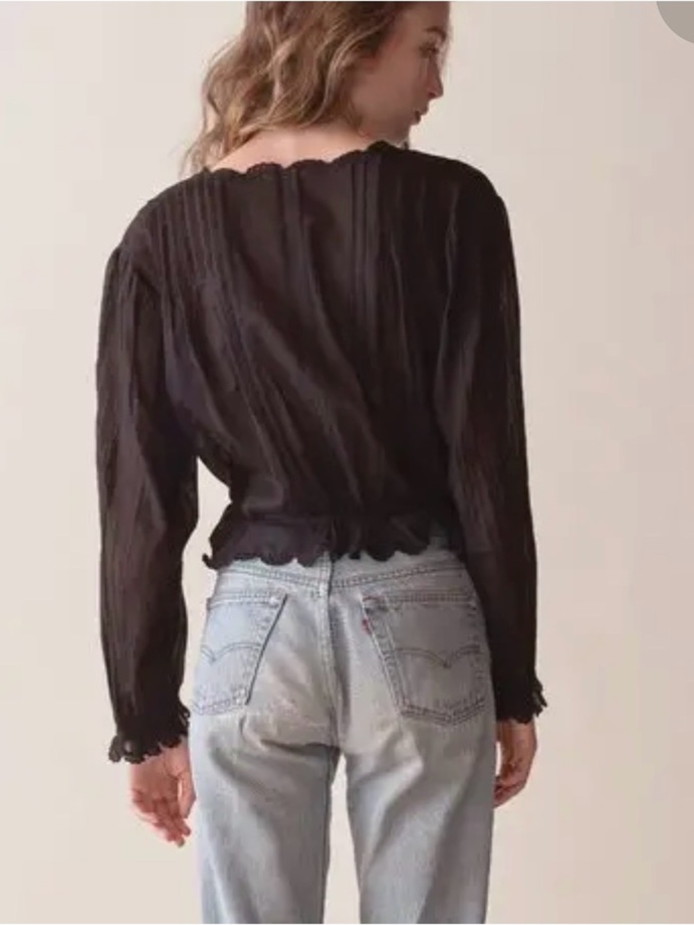 Doen Black Sheer Lace-Trim Button Front Blouse - Picture 2 of 6